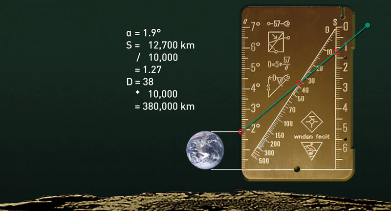 View from the Moon towards the earth, with a brass Telemeter set up to measure the diameter of the earth in angular degrees