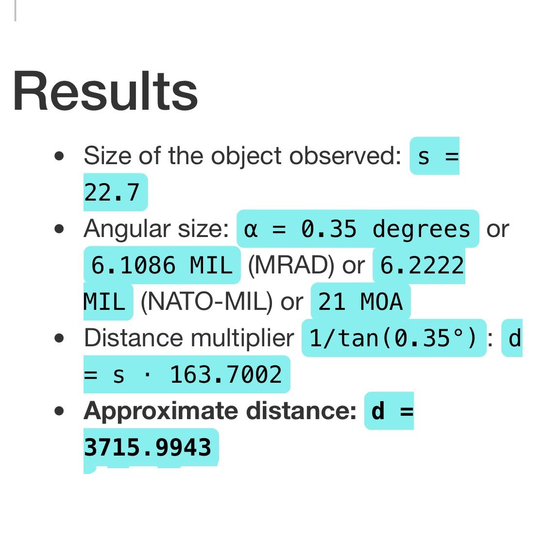 The control, processing the values with the high precision Tycho range calculator, shows a result of approximately 3,715 m.
