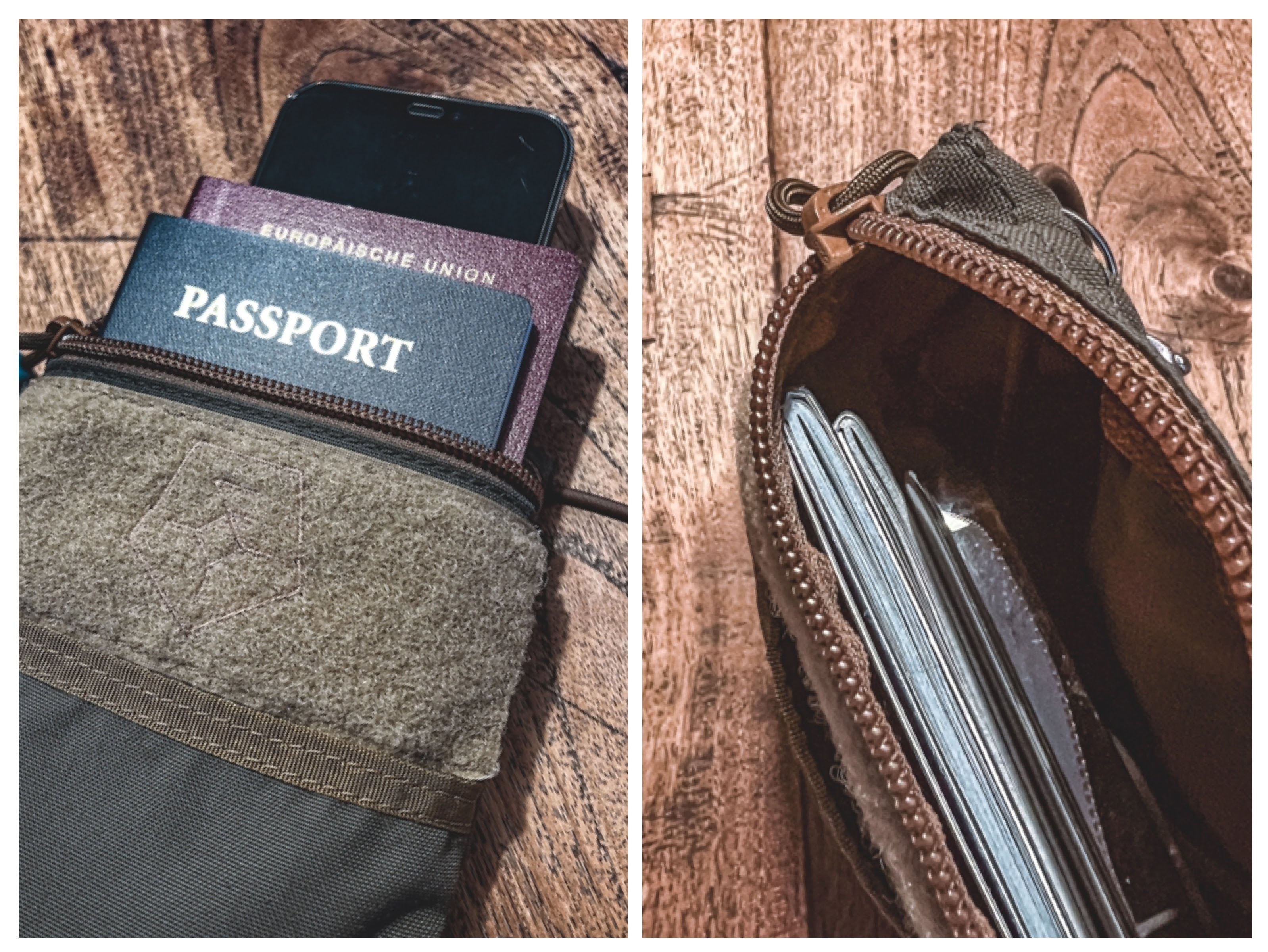 The Wndsn Passport Pouch with two passports and a phone.